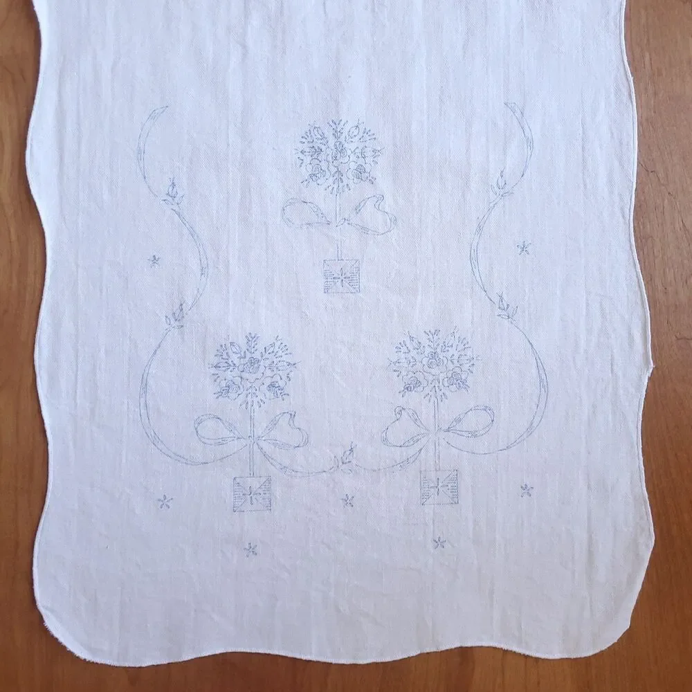 White Table Runner Stamped For Embroidery 38 x 14 Flower Bow Cottagecore Grandma